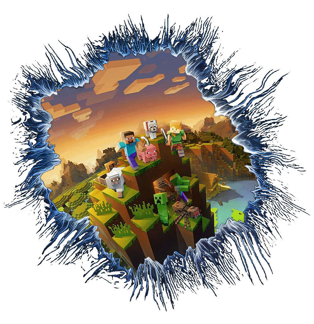 Minecraft: Steve, Alex, wolf, pig, sheep, Creeper, Skeleton & Zombie on a blocky hill at sunset. Iconic pixel art style; framed by blue energy rift.