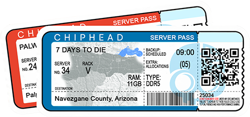 ChipHead server hosting pass ticket for Terraria, featuring Jungle biome destination with mountain landscape, server rack details, scheduled backup, DDR5 RAM specifications, and QR/barcode for ChipHead game hosting
