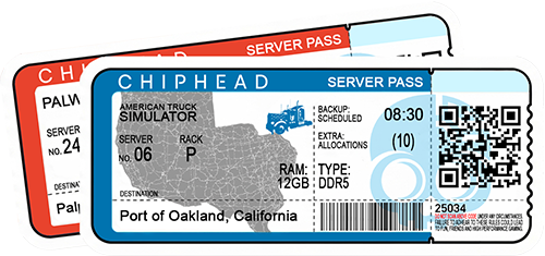 ChipHead server hosting pass ticket for American Truck Simulator, featuring Port of Oakland, California destination, USA map, server rack details, scheduled backup, DDR5 RAM, truck icon, and QR/barcode for ChipHead game hosting.