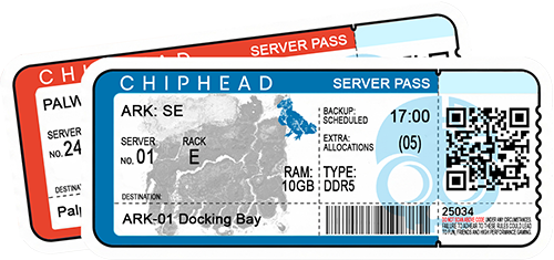ChipHead server hosting pass ticket for ARK: Survival Evolved, featuring ARK-01 Docking Bay destination, game map background, argentavis icon, server rack details, scheduled backup, 10GB DDR5 RAM, and QR/barcode for ChipHead game hosting.
