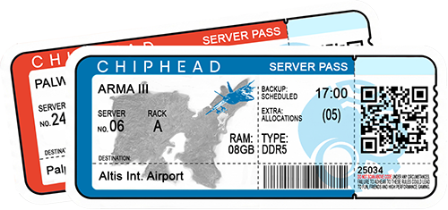 ChipHead server hosting pass ticket for Arma III, featuring Altis International Airport destination, island map background, military jet icon, server rack details, scheduled backup, 8GB DDR5 RAM, and QR/barcode for ChipHead game hosting.