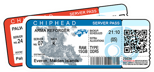ChipHead server hosting pass ticket for Arma Reforger, featuring Everon, Malden Islands destination, island map background, military humvee vehicle icon, server rack details, scheduled backup, 15GB DDR5 RAM, and QR/barcode for ChipHead game hosting.