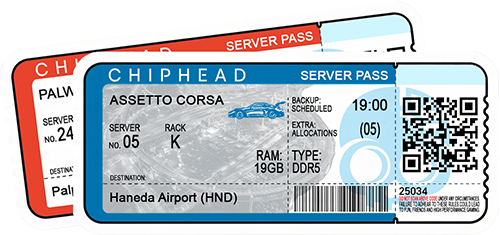 ChipHead server hosting pass ticket for Assetto Corsa, featuring Shutoko Revival Project track destination, Porsche gt3-rs icon, aerial view background, server rack details, scheduled backup, 19GB DDR5 RAM, and QR/barcode for ChipHead game hosting
