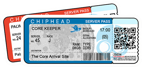 ChipHead server hosting pass ticket for Core Keeper, featuring The Core Arrival Site destination, underground map background, mining cart icon, server rack details, scheduled backup, 8GB DDR5 RAM, and QR/barcode for ChipHead game hosting.
