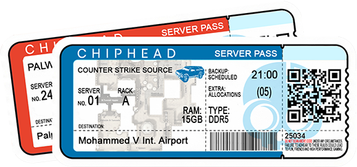 ChipHead server hosting pass ticket for Counter Strike source, featuring Dust II destination, game map background, blue SUV icon, server rack details, scheduled backup, 15GB DDR5 RAM, and QR/barcode for ChipHead game hosting.
