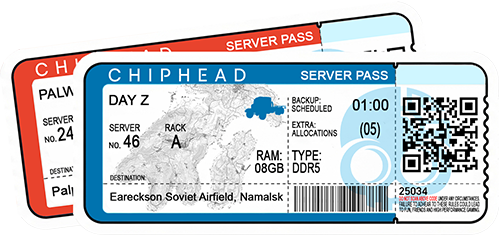 ChipHead server hosting pass ticket for DayZ, featuring Eareckson Soviet Airfield destination on Namalsk map, topographical map background, blue M3S truck icon, server rack details, scheduled backup, 8GB DDR5 RAM, and QR/barcode for ChipHead game hosting.