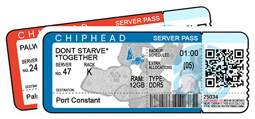 ChipHead server hosting pass ticket for Don't Starve Together, featuring Port Constant destination, stylized map background, blue the sea legs sailboat icon, server rack details, scheduled backup, 12GB DDR5 RAM, and QR/barcode for ChipHead game hosting.