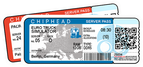 ChipHead server hosting pass ticket for Euro Truck Simulator, featuring Berlin Germany destination, server rack details, scheduled backup, DDR5 RAM, European map and truck icon, and QR/barcode for ChipHead game hosting.