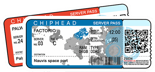 ChipHead server hosting pass ticket for Factorio, featuring Nauvis planet destination, factory layout background, blue car icon, server rack details, scheduled backup, 4GB DDR5 RAM, and QR/barcode for ChipHead game hosting.