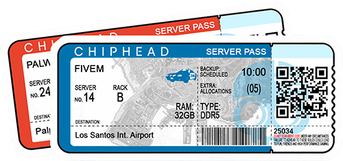 ChipHead server hosting pass ticket for FiveM, featuring Los Santos International Airport destination, city map background, blue police car icon, server rack details, scheduled backup, 32GB DDR5 RAM, and QR/barcode for ChipHead game hosting.