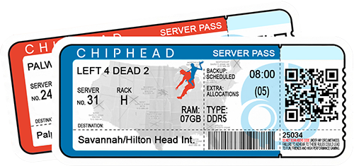 ChipHead server hosting pass ticket for Left 4 Dead 2, featuring Savannah/Hilton Head International destination, USA map background, survivor running icon, server rack details, scheduled backup, 7GB DDR5 RAM, and QR/barcode for ChipHead game hosting