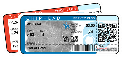 ChipHead server hosting pass ticket for Mordhau, featuring Port of Grad destination, medieval battlefield map background, horseman icon, server rack details, scheduled backup, 16GB DDR5 RAM, and QR/barcode for ChipHead game hosting.