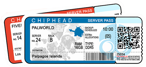 ChipHead server hosting pass ticket for Palworld, featuring Palpagos Islands destination, illustrated game map background, blue grizzbolt icon, server rack details, scheduled backup, 16GB DDR5 RAM, and QR/barcode for ChipHead game hosting