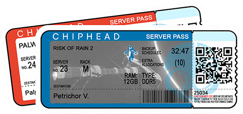 ChipHead server hosting pass ticket for Risk of Rain 2, featuring Petrichor V destination with space station background, server rack details, scheduled backup, DDR5 RAM, and QR/barcode for ChipHead game hosting.