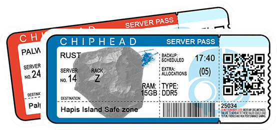 ChipHead server hosting pass ticket for Rust, featuring Hapis Island Safe Zone destination, topographical island map background, blue helicopter icon, server rack details, scheduled backup, 15GB DDR5 RAM, and QR/barcode for ChipHead game hosting