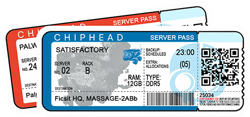 ChipHead server hosting pass ticket for Satisfactory, featuring Ficsit HQ, MASSAGE-2ABb destination, planetary map background, blue tractor Sugar-Cube icon, server rack details, scheduled backup, 12GB DDR5 RAM, and QR/barcode for ChipHead game hosting.
