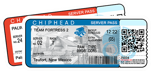 ChipHead server hosting pass ticket for Team Fortress 2, featuring Teufort, 2fort, New Mexico destination, industrial building background, blue tank robot icon, server rack details, scheduled backup, 9GB DDR5 RAM, and QR/barcode for ChipHead game hosting.