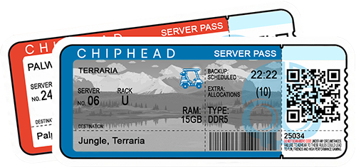ChipHead server hosting pass ticket for Terraria, featuring Jungle biome destination with mountain landscape, server rack details, scheduled backup, DDR5 RAM specifications, and QR/barcode for ChipHead game hosting