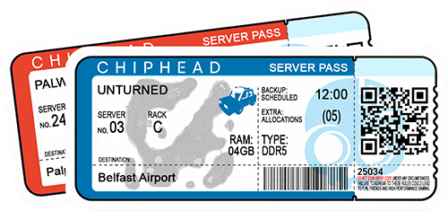 ChipHead server hosting pass ticket for Unturned, featuring PEI, Prince Edward Island destination, illustrated island map background, blue police car icon, server rack details, scheduled backup, 4GB DDR5 RAM, and QR/barcode for ChipHead game hosting.