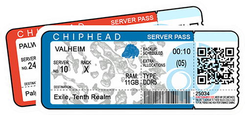 ChipHead server hosting pass ticket for Valheim, featuring Exile Tenth Realm destination, Norse-inspired map background, blue Lox icon, server rack details, scheduled backup, 11GB DDR5 RAM, and QR/barcode for ChipHead game hosting