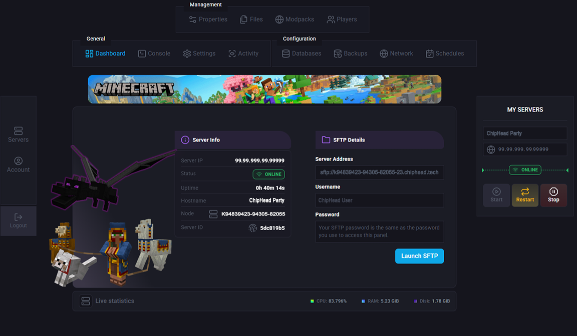 Chiphead game server dashboard with Minecraft server management controls, online status, and live CPU, RAM, and disk statistics.
