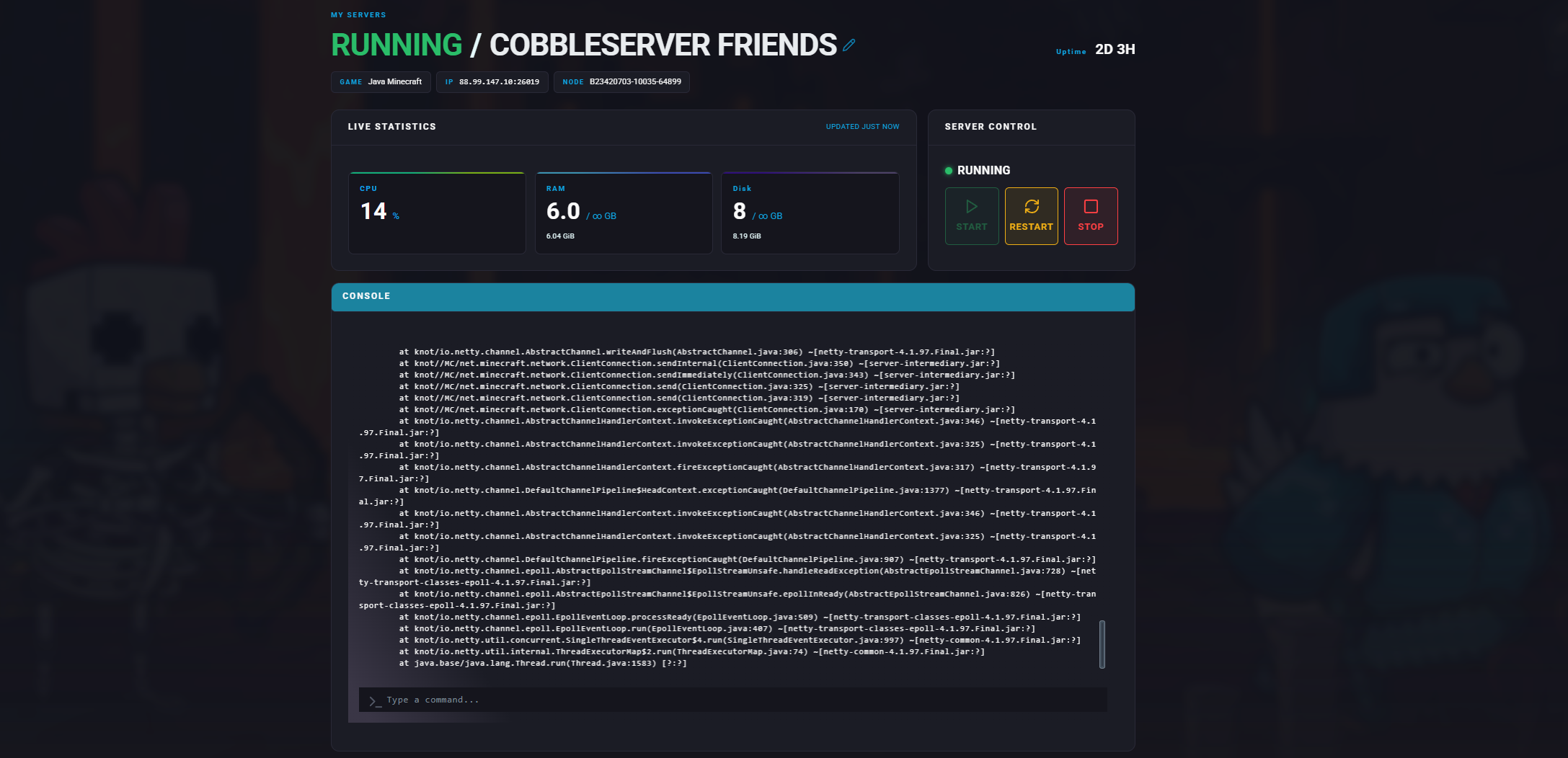 Chiphead game server dashboard with Minecraft server management controls, online status, and live CPU, RAM, and disk statistics.
